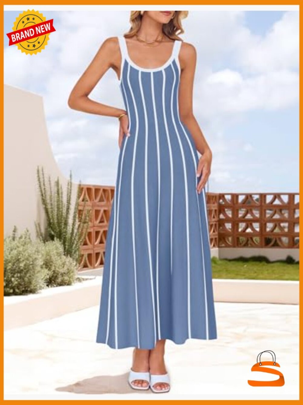Striped A-Line Sleeveless Midi Dress - Knit Beach Vacation Outfit - Picture 2 of 7